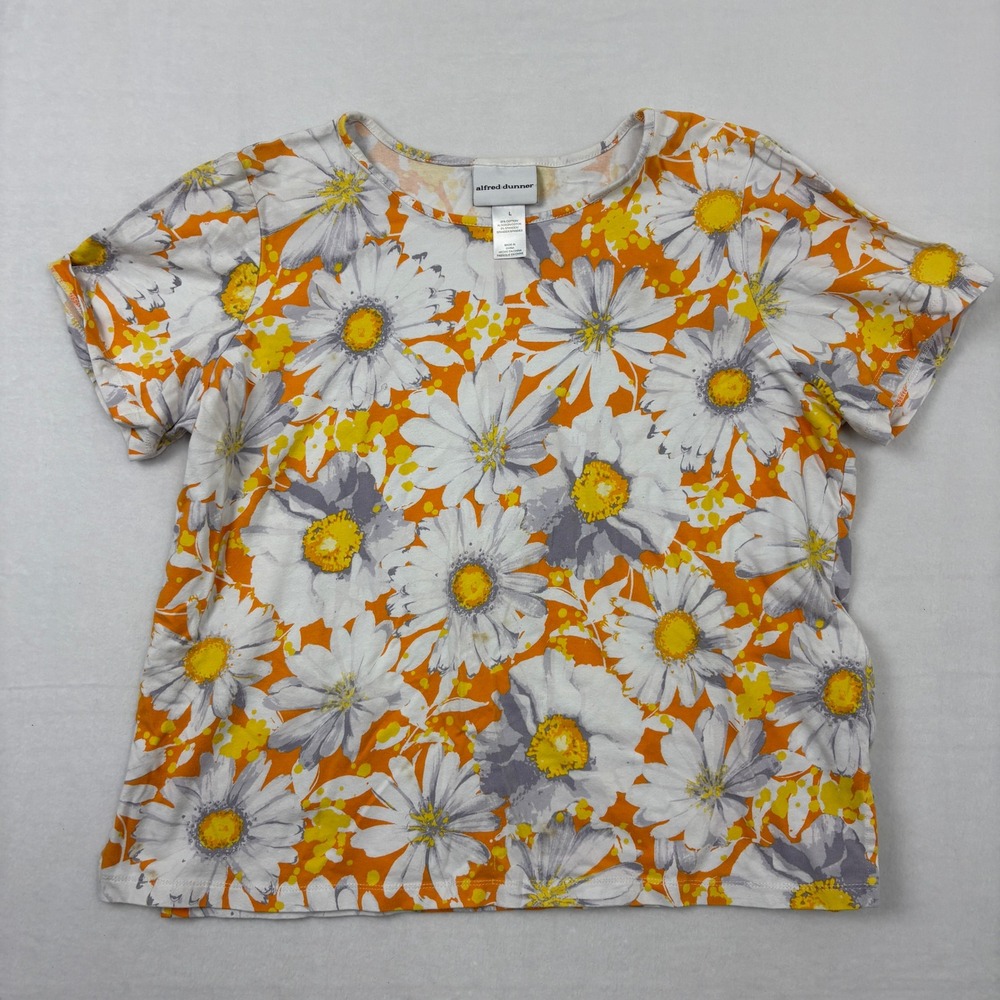 Alfred Dunner Womens Large Orange Yellow Daisy Floral Print T-Shirt Short Sleeve